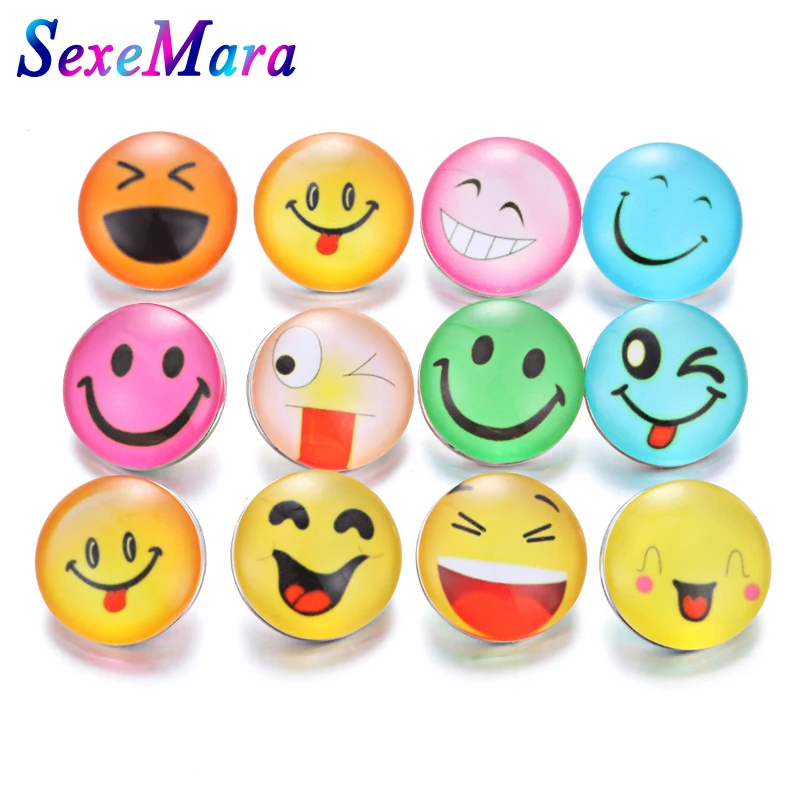 

10pcs/lot New 18mm Snap Buttons Jewelry Smile Face Cartoon Print Faceted Glass Snap Cabochon Fit Snap Bracelets for Children