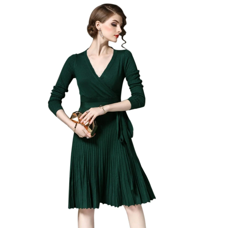 Pleated Long Sleeve Solid Woman Clothes Belt Vintage Knitted Dresses Female Vestidos Sexy Deep V-collar Dress Women QH230
Pleated Long Sleeve Solid Woman Clothes Belt Vintage Knitted Dresses Female Vestidos Sexy Deep V-collar Dress Women QH230