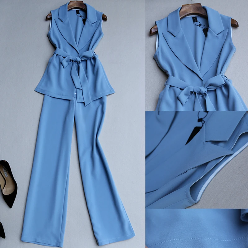 Spring and autumn new high quality fashion vest set temperament sleeveless suit high waist wide leg wide leg trousers pants set 
Spring and autumn new high quality fashion vest set temperament sleeveless suit high waist wide leg wide leg trousers pants set