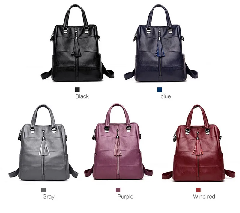 Women Multifunction Backpack Leather Tassel Shoulder Bag Large Capacity Backbag Female Zipper School Bag Girl Travel Bag Mochila 4