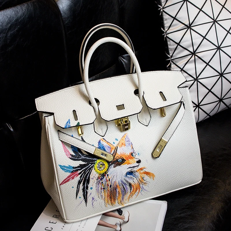 

YCUSTBAG Luxury Design White Genuine Leathe 35CM Gold Hardware Handpainted Graffiti Female Bag Noble Color Cartoon Women Handbag