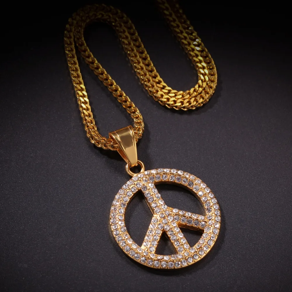Hip Hop Rhinestones Paved Bling Iced Out Gold Color Stainless Steel Peace Symbol Pendants Necklace for Men Jewelry Drop Shipping
Hip Hop Rhinestones Paved Bling Iced Out Gold Color Stainless Steel Peace Symbol Pendants Necklace for Men Jewelry Drop Shipping