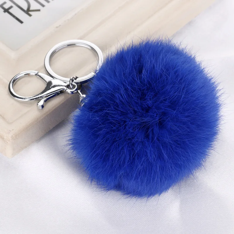 

8CM Fluffy Pompom Real Rabbit Fur Ball Key Chain Women Trinket Pompon Toy Keyring Bag Charms Silver Ring Keychain Wedding Gift