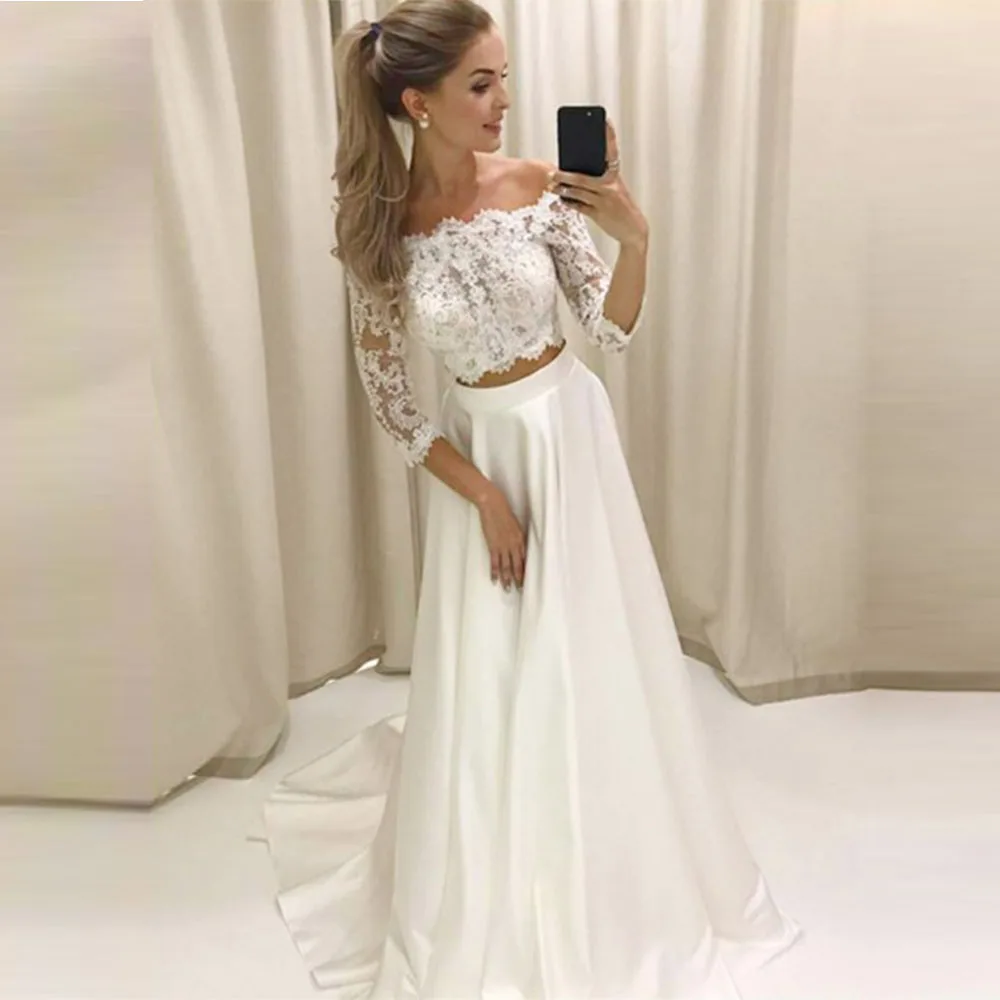 robe de marier Two Piece Wedding Dresses Off Shoulder 3/4 Sleeves Lace Satin Wedding Gowns 2019 Bridal Dress trajes de novia
robe de marier Two Piece Wedding Dresses Off Shoulder 3/4 Sleeves Lace Satin Wedding Gowns 2019 Bridal Dress trajes de novia