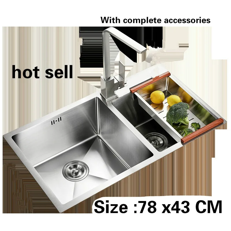 

Free shipping Manual double groove food grade 304 stainless steel durable ordinary hot sell 3 mm thick kitchen sink 78 x43 CM