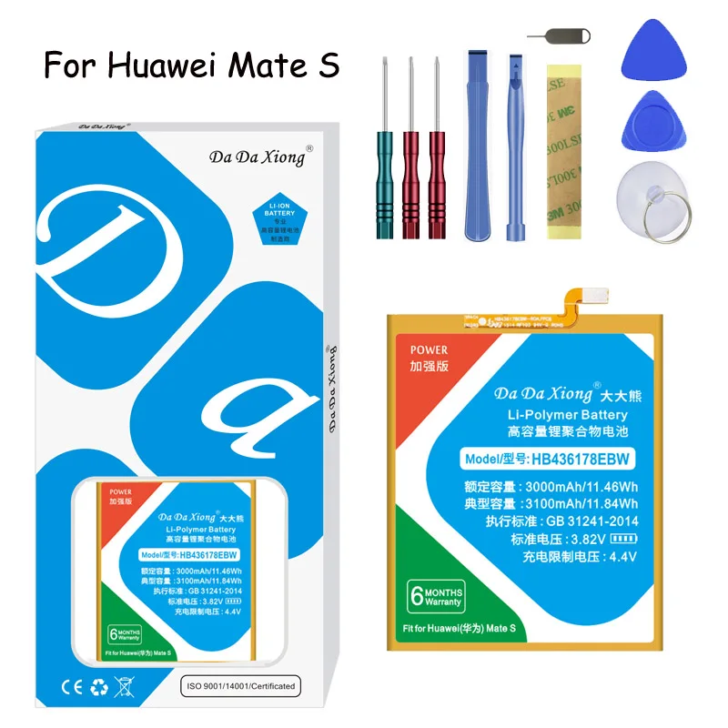 Original Da Da Xiong Lithium Polymer Battery HB436178EBW For Huawei Mate S 3100mAh Mobile phone Replacement Battery Free Tools
Original Da Da Xiong Lithium Polymer Battery HB436178EBW For Huawei Mate S 3100mAh Mobile phone Replacement Battery Free Tools
