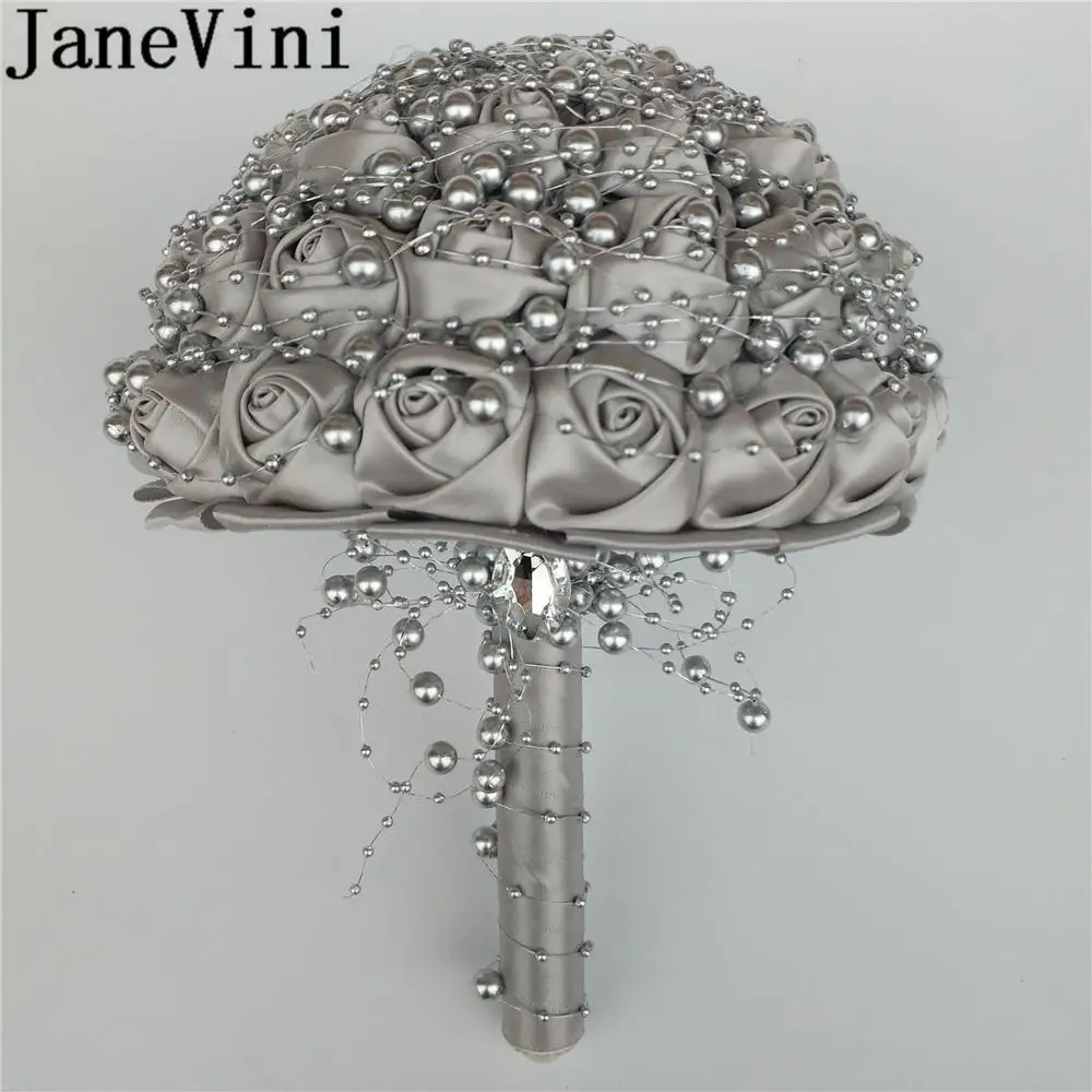 

JaneVini 2019 Silver Wedding Bouquets Bridal With Pearls Ribbon Rose Royal Blue Bridesmaid Flower Bouquet Custom Satin Brooch