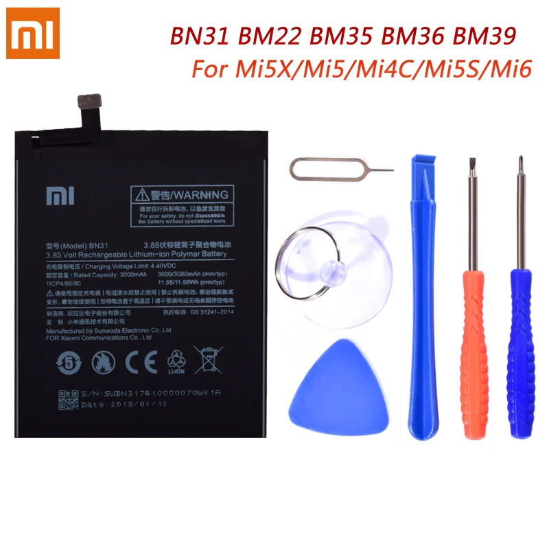 BN31 BM22 BM35 BM36 BM39 Battery For Xiaomi Mi 5X 5 4C 5S 6 Redmi Note 5A Pro Replacement Lithium Polymer Bateria + Free Tools
BN31 BM22 BM35 BM36 BM39 Battery For Xiaomi Mi 5X 5 4C 5S 6 Redmi Note 5A Pro Replacement Lithium Polymer Bateria + Free Tools