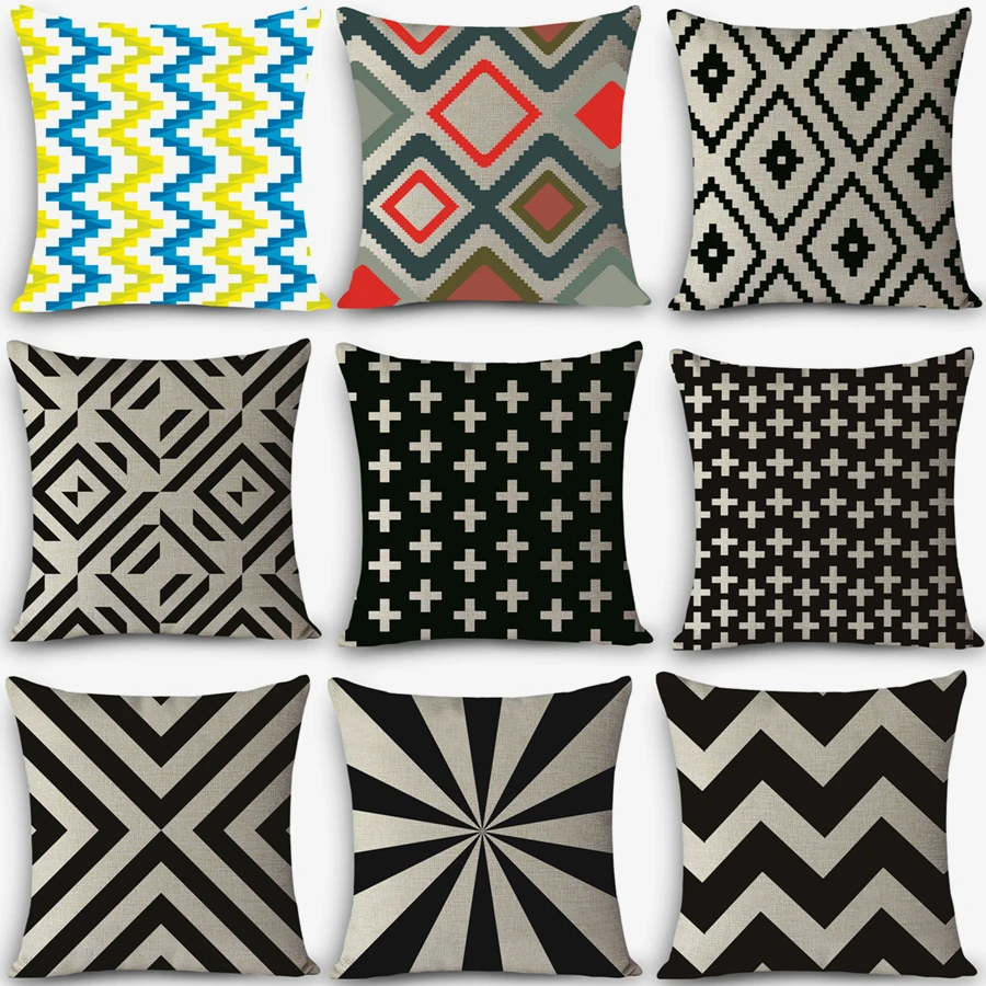 Vintage Geometric pattern Linen Home Decor Cotton CUSHION COVER Throw PILLOW 18”