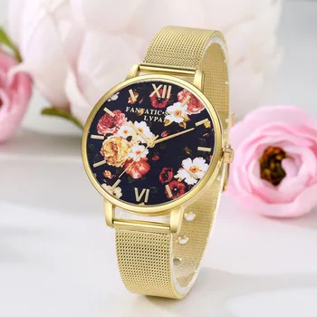 

Women Watches Steel Strap Roman Numbers Floral Dial Quartz Watch Girl Casual Wristwatch LL@17