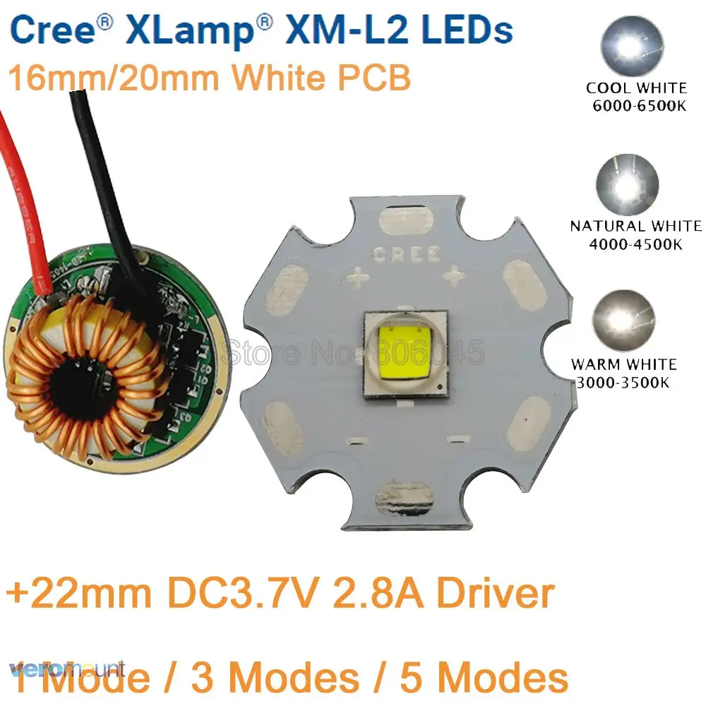 

Cree XM-L2 T6 10W Cool White Neutral White Warm White LED Emitter 16mm / 20mm White PCB + 22mm 1 Mode /3 Mode /5 Mode Driver