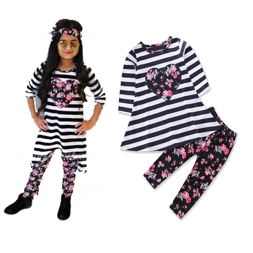 AliExpress Children's Wear Europe and America Floral Love Stripe Top + Print Trousers Two-piece | Детская одежда и обувь