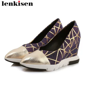 

Lenkisen vintage mixed colors pointed toe high wedges heels platform cow leather beauty woman slip on European simple pumps L71