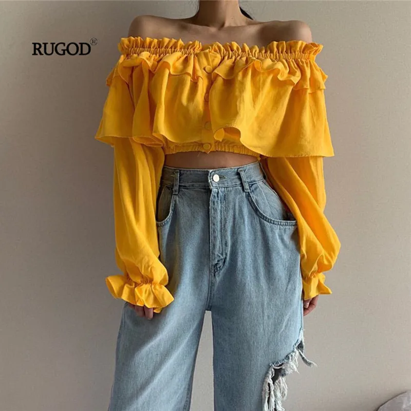 RUGOD Summer Button Design Ruffle Blouse Women Sexy Off Shoulder Long Flare Sleeve Tank Top Casual Solid Elastic Cropped Tops
RUGOD Summer Button Design Ruffle Blouse Women Sexy Off Shoulder Long Flare Sleeve Tank Top Casual Solid Elastic Cropped Tops
