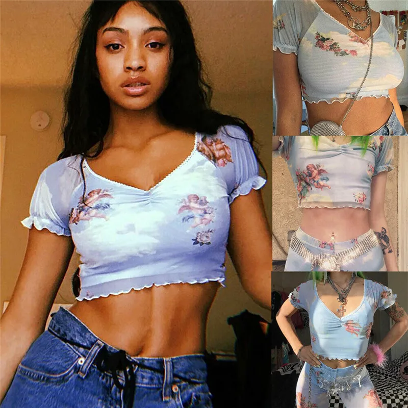 2019 Women Sexy Mesh Sheer Short Sleeve T-Shirt Crop Tops Character Cupid Printed V Neck Tee See through Ruched T-Shirts
2019 Women Sexy Mesh Sheer Short Sleeve T-Shirt Crop Tops Character Cupid Printed V Neck Tee See through Ruched T-Shirts