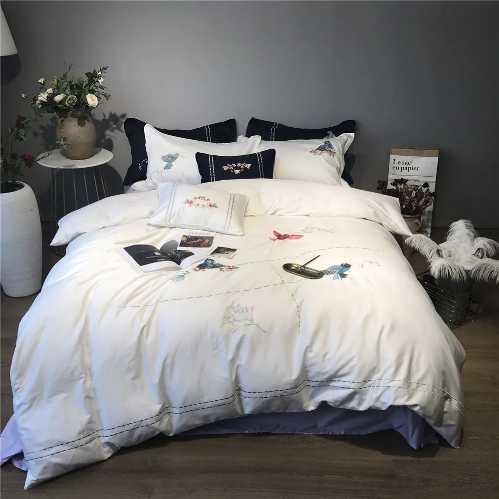 4 piece bird embroidered duvet cover set Queen King size egyptian cotton bedding sheets sateen quilt covers white blue spreads
4 piece bird embroidered duvet cover set Queen King size egyptian cotton bedding sheets sateen quilt covers white blue spreads