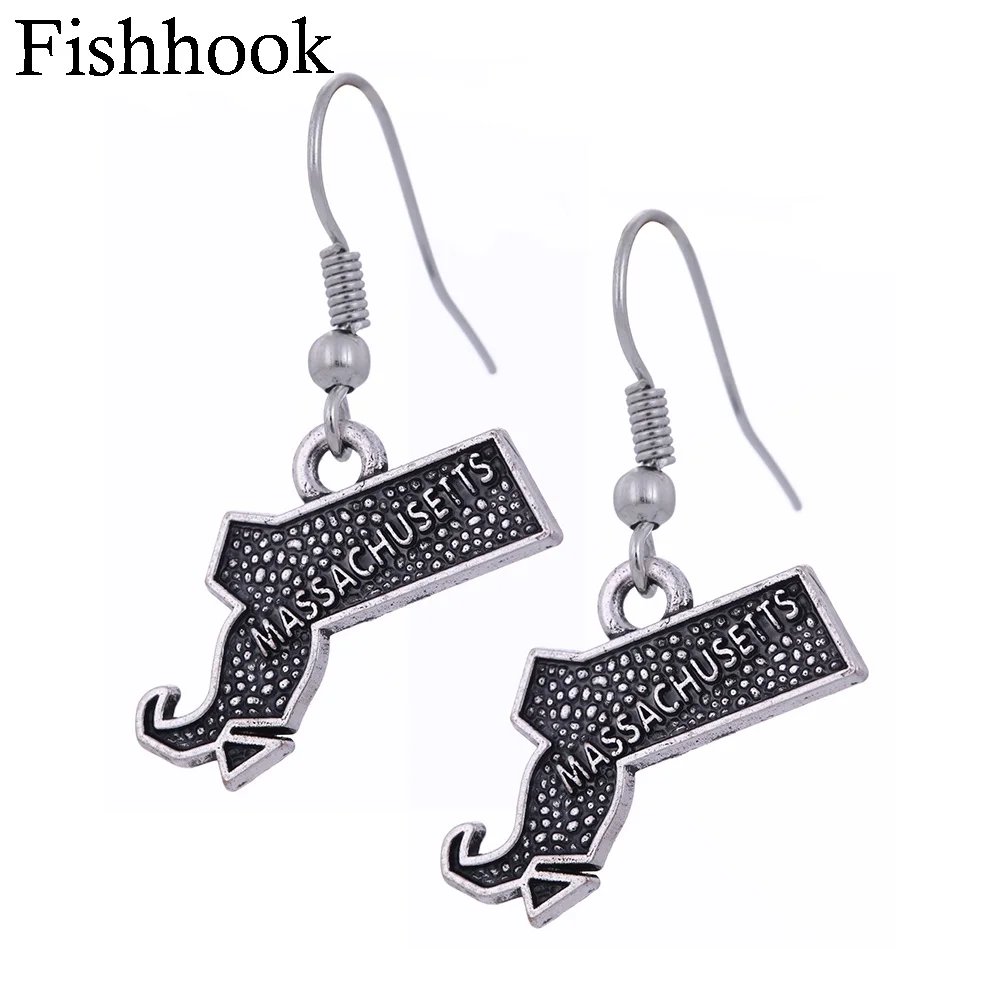 Fishhook USA State Map Earring MASSACHUSETTS And Pendants Outline Charm Antique Silver Color Charms Gifts | Украшения и