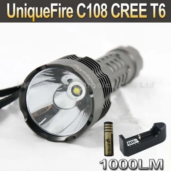 UniqueFire C108 CREE T6 1000LM 5-Mode LED Flashlight Torch+ 4000mah 3.7V 18650 Battery+ Charger