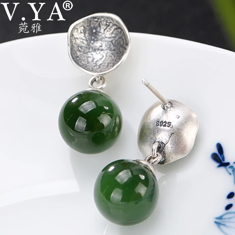 

V.YA Natural Green Chalcedony 925S Silver Dangle Earrings For Women Natural Stone Earring Vintage Elegant Jewelry Brinco