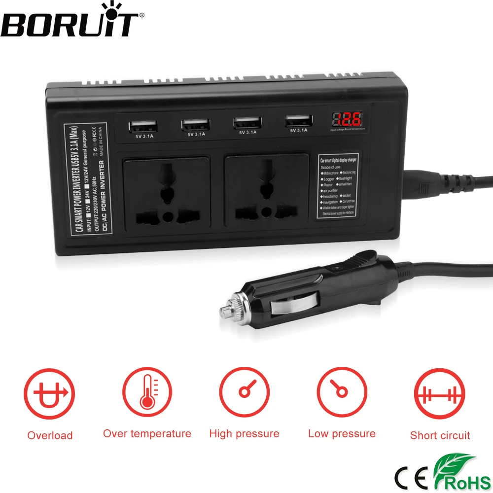 BORUiT 150W Car Inverter DC 12V To AC 220V with 4 USB Socket Charger Auto Cigarette Lighter Automobiles Car-styling Accessories
BORUiT 150W Car Inverter DC 12V To AC 220V with 4 USB Socket Charger Auto Cigarette Lighter Automobiles Car-styling Accessories