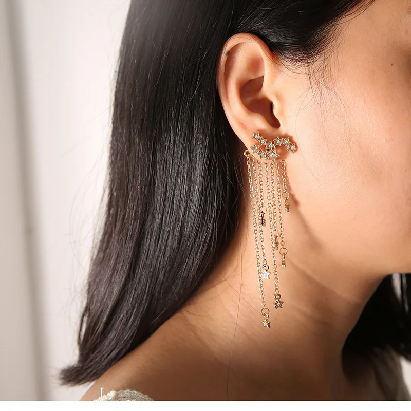 European and American Popular Long Fashion Stars Tassel Earrings After Hanging fFine Women's Earrings Rhinestone Jewelry
European and American Popular Long Fashion Stars Tassel Earrings After Hanging fFine Women's Earrings Rhinestone Jewelry