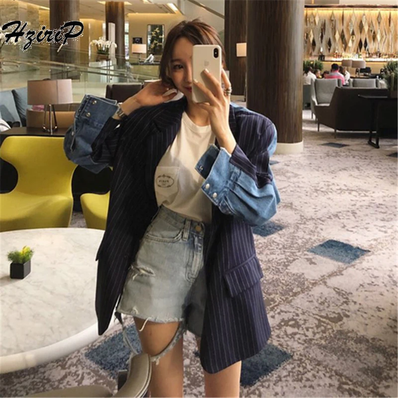 HziriP Korea Chic 2018 Women Denim Blazers Single Breasted Autumn Full Sleeve Patchwork Striped Loose Suit Lady Office Outwear
HziriP Korea Chic 2018 Women Denim Blazers Single Breasted Autumn Full Sleeve Patchwork Striped Loose Suit Lady Office Outwear