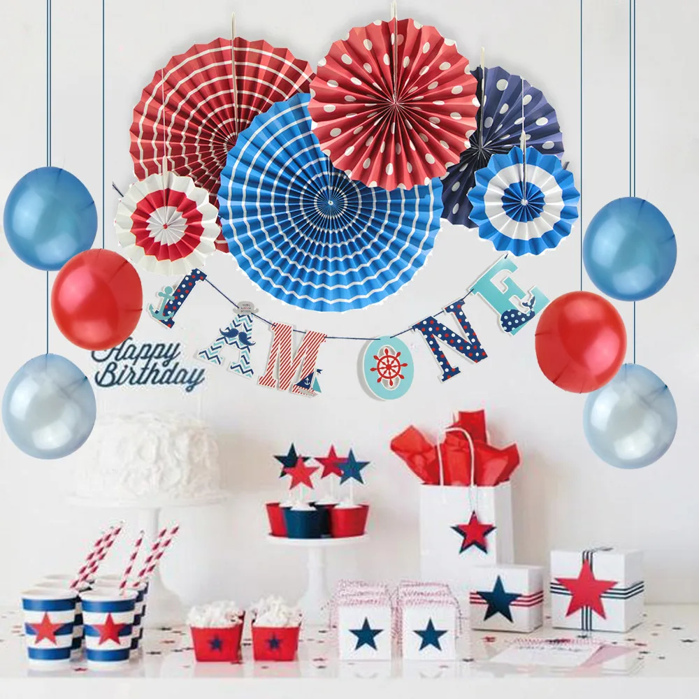 Фото 11pcs(Red Navy White)First Birthday Party Decoration Set I AM ONE Banner/ Balloons/Paper Rosette Nautical Supplies | Дом и сад