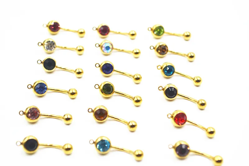 

Free shippment 50pcs Body Jewelry Gold Color Gems Navel Belly Rings Button Bar Barbells with one Circle hook for DIY Pendant