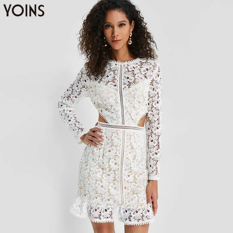 

YOINS 2019 Women Dress Sexy Lace Cut Out Waist See Through Bell Long Sleeve Mini White Dresses Party Vestidos Streetwear Tunic