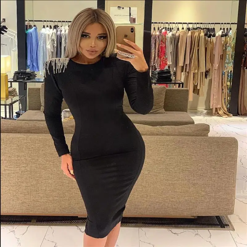 Women's Bandage Dress New 2019 Summer Celebrity Party Black Long Sleeve Crew Neck Tassel Knee Dress Vestidos Sexy Fashion Wholes
Women's Bandage Dress New 2019 Summer Celebrity Party Black Long Sleeve Crew Neck Tassel Knee Dress Vestidos Sexy Fashion Wholes
