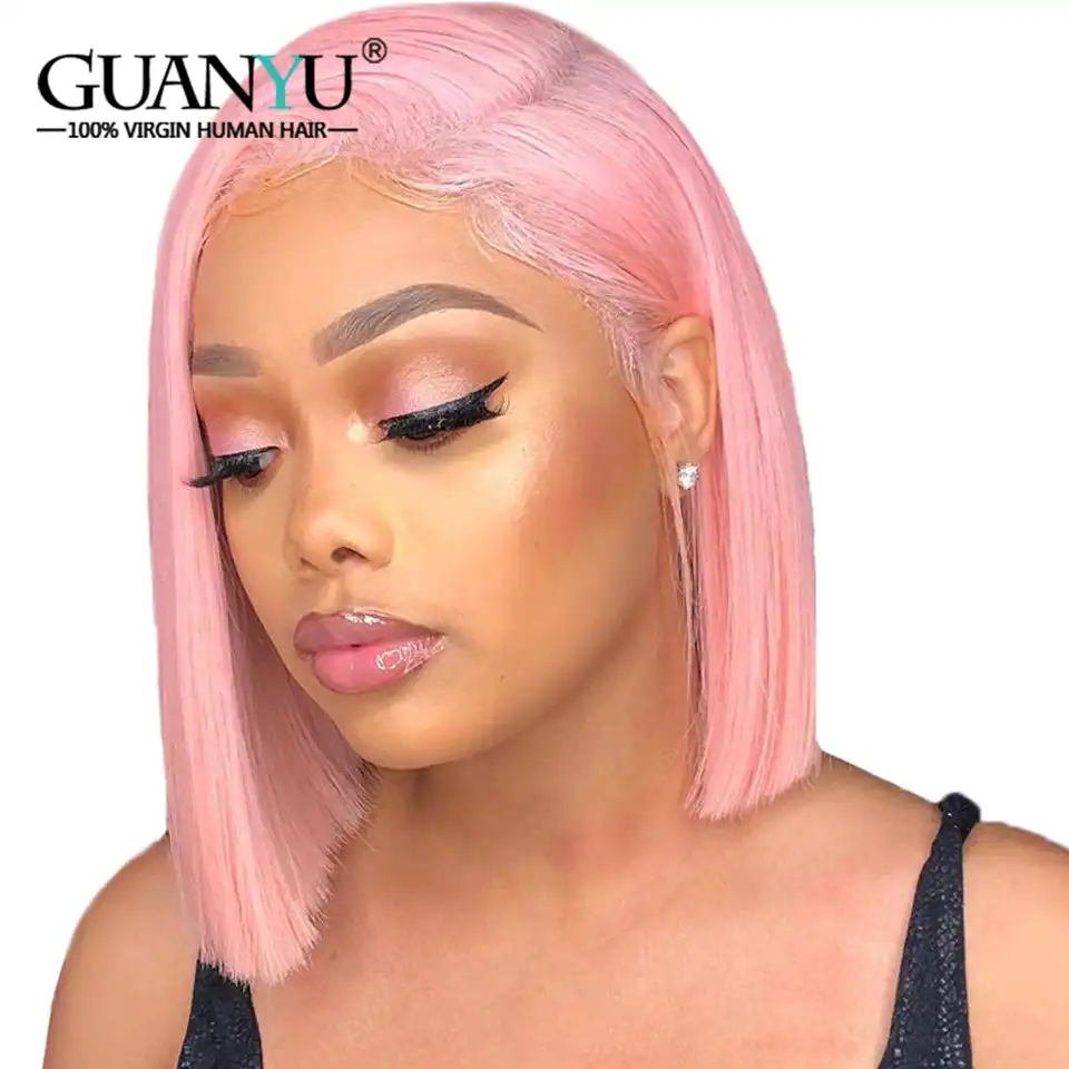 Guanyuhair Short Pink Bob Wig Lace Front Wigs Remy Human