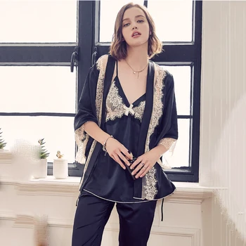 3PCS Women Sleepwear Long Sleeve Satin Home Wear Strap&Robe&Pant Pajamas Suit Sexy Lace Solid Rayon Nightwear Negligee M L XL
3PCS Women Sleepwear Long Sleeve Satin Home Wear Strap&Robe&Pant Pajamas Suit Sexy Lace Solid Rayon Nightwear Negligee M L XL