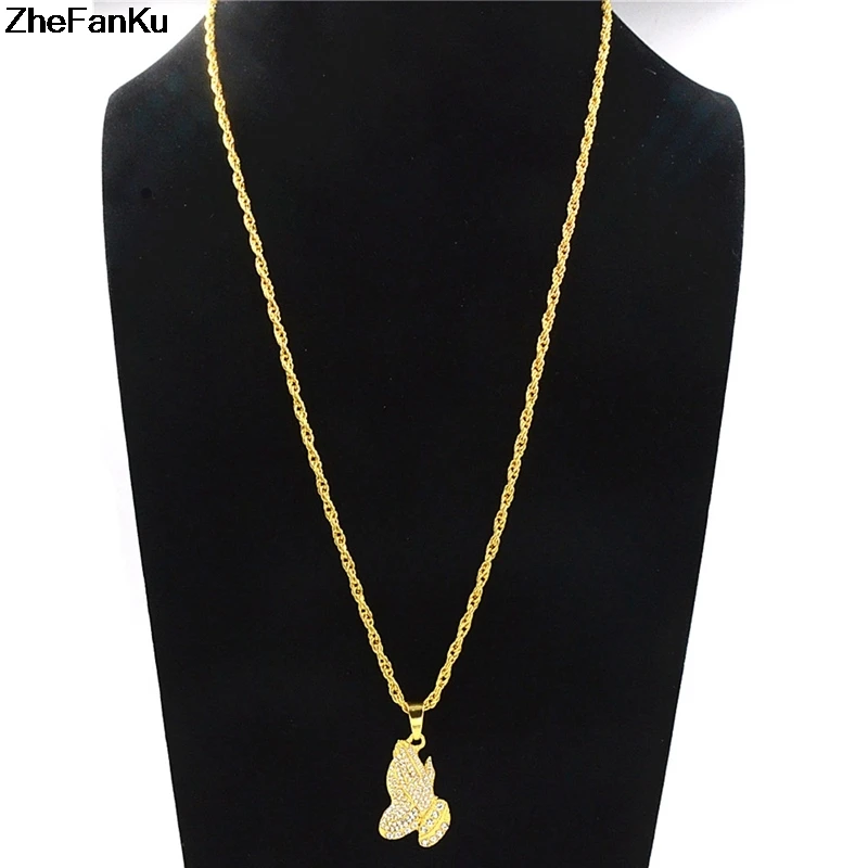 Trendy Alloy Gold Color Fulled Crystal Double Hands Prayer Pendant Necklace Hip Hop Link Chain Necklace For Men
Trendy Alloy Gold Color Fulled Crystal Double Hands Prayer Pendant Necklace Hip Hop Link Chain Necklace For Men