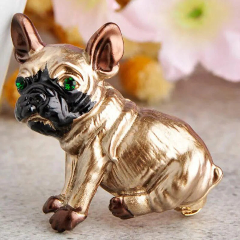 Cute Pug Dog Brooches Green Crystal Eyes Animal Corsage Pins