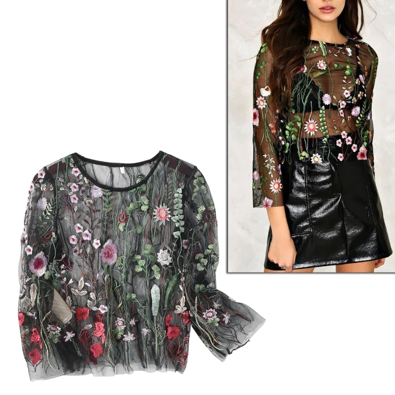 KLV New In Round Neck Flowers Embroidered Tulle Short Blouse Women's Lace Mesh Transparent Tops Shirt Blouse
KLV New In Round Neck Flowers Embroidered Tulle Short Blouse Women's Lace Mesh Transparent Tops Shirt Blouse