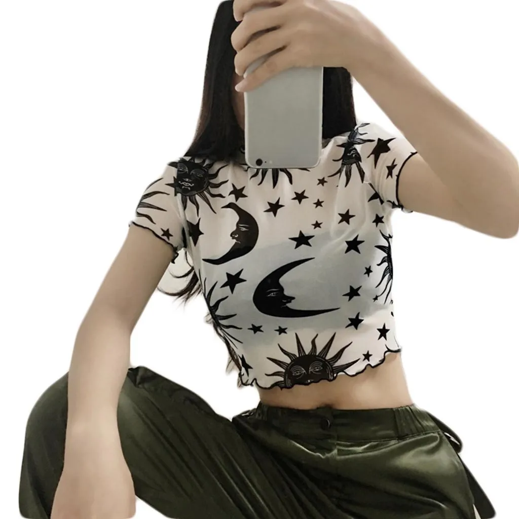 KLV 2019 Womens Mesh Sheer Sun Moon and Star Print Short Sleeve T Shirt free shipping D5
KLV 2019 Womens Mesh Sheer Sun Moon and Star Print Short Sleeve T Shirt free shipping D5
