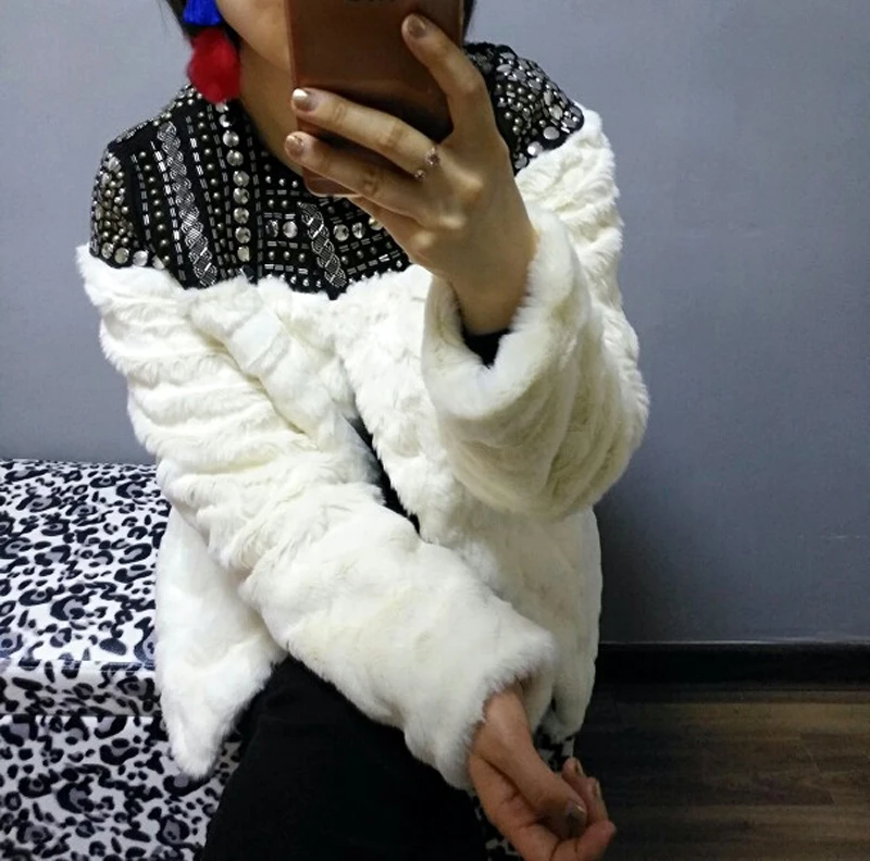 Viyana - Winter Fall Women Warm Faux Fur Coat Handmade Beading Rivet Long Sleeve Boho Style Outwear Jacket Viyana - Winter Fall Women Warm Faux Fur Coat Handmade Beading Rivet Long Sleeve Boho Style Outwear Jacket