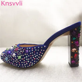 Knsvvli Blue Suede Jewel Heels Slippers Women Luxurious Colourful Rhinestone Rivets Chunky High Heels Party Dress Shoes Female
Knsvvli Blue Suede Jewel Heels Slippers Women Luxurious Colourful Rhinestone Rivets Chunky High Heels Party Dress Shoes Female