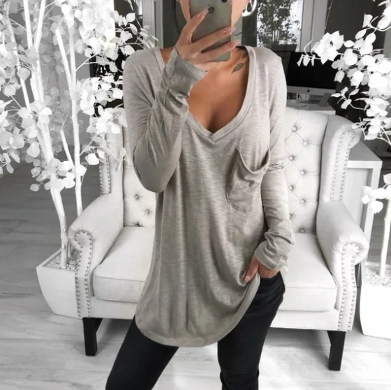 Spring Sexy V-collar Loose T-Shirts Women 2019 Solid Long Sleeved Causal Tshirt Tops Loose Pocket Leisure T-shirt Large Size
Spring Sexy V-collar Loose T-Shirts Women 2019 Solid Long Sleeved Causal Tshirt Tops Loose Pocket Leisure T-shirt Large Size