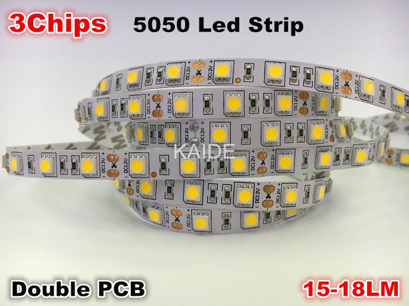 Хорошее качество SMD5050 светодиодные ленты dc12v 5 м 300led двойной PCB три чипа 15-18lm Гибкая