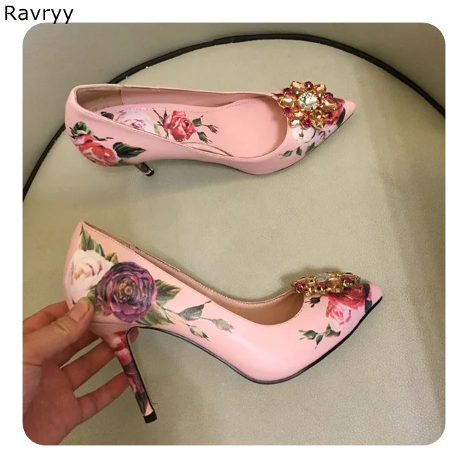 

Crystal Woman's high heels flower paint sexy pump pink female wedding party dress shoe pointed toe slip-on stilettos single shoe