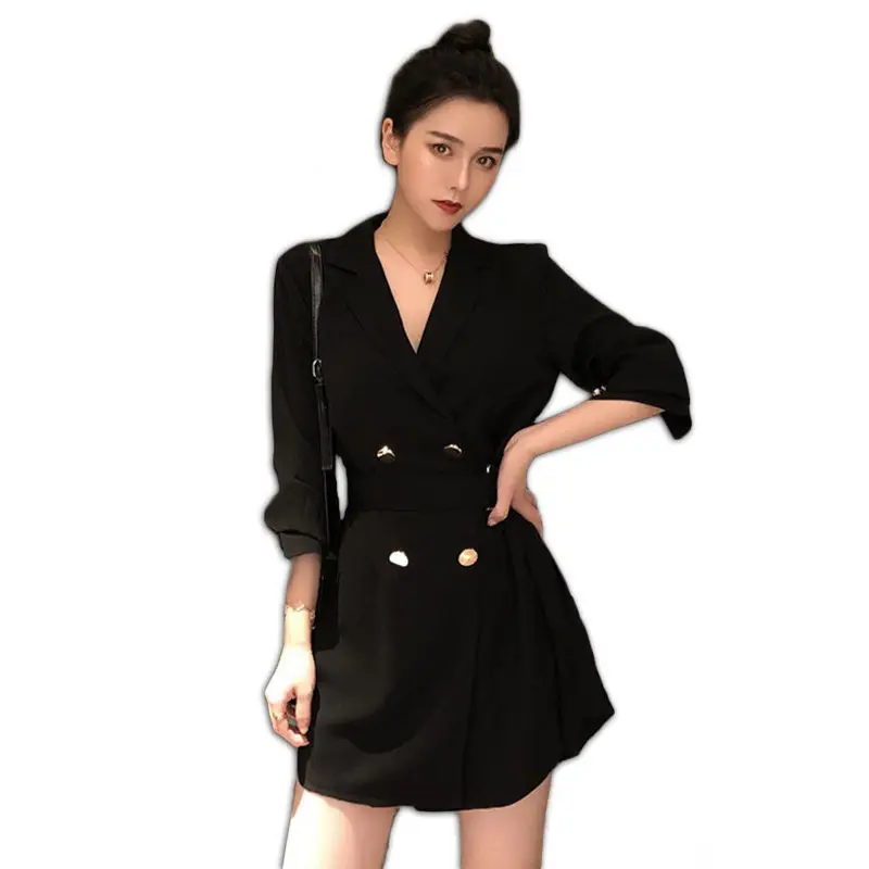 Женский двубортный пиджак черный длинный с поясом повседневный облегающий в