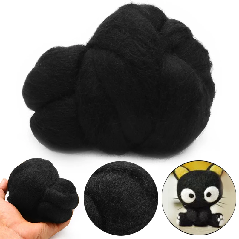 50g Black Merino Wool Fiber Fluffy Soft Dyed Wool Tops Roving Felting Wool Fibre For Needle Felting DIY Sewing Projects