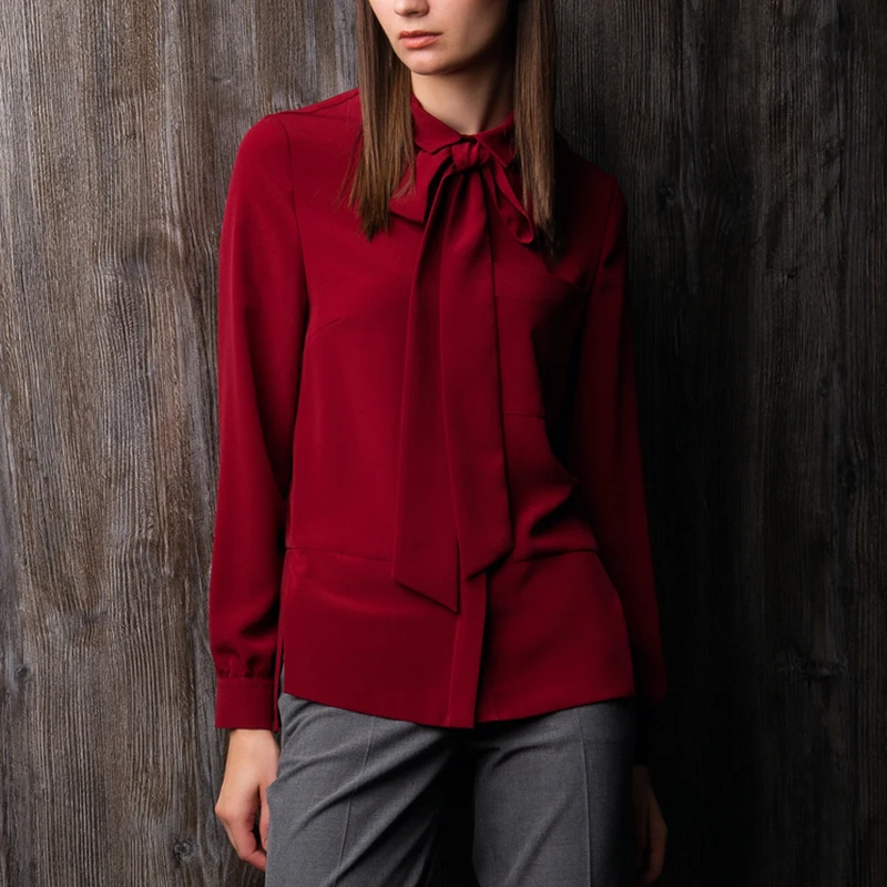 Red Chiffon Bow Knot Women Blouse With Pocket 2017 Fashion Long Sleeve Diagonal Cutting Female Shirt Vintage Tops |
