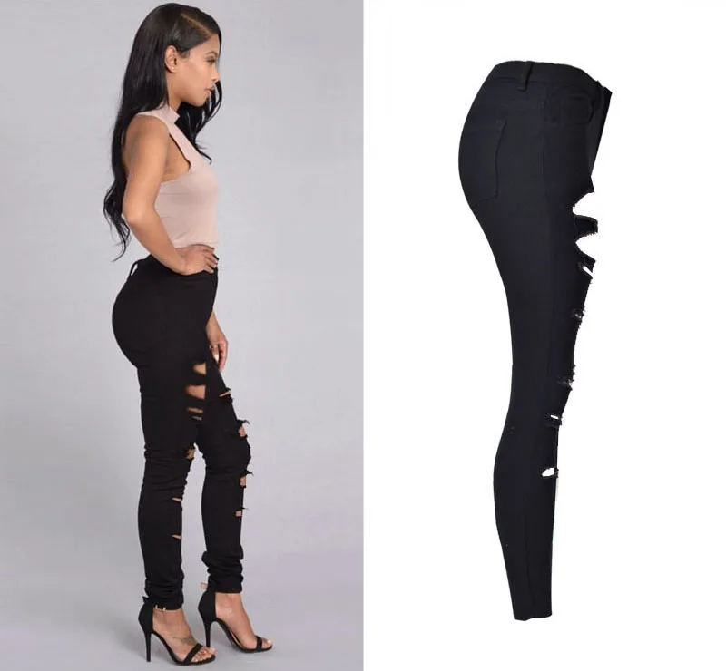 Women's personality hot style high-waisted stretch shows thin irregular broken pocket with large size denim trousers (4)