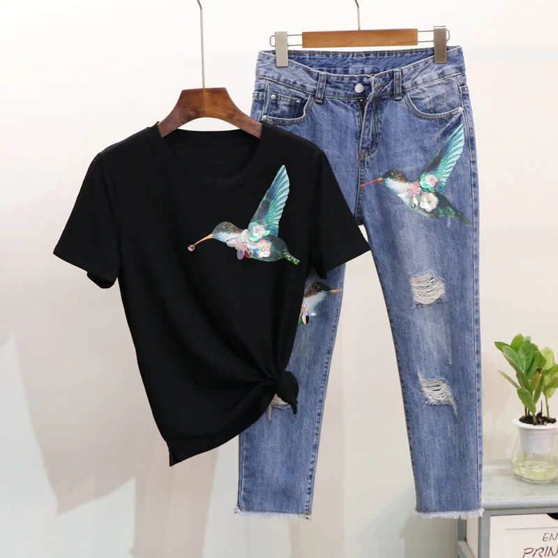 2019 Spring Women Sequins Bird 2 Piece Set Short Sleeve T Shirt Tops + Casual Hole Jeans Pants set Fashion Women Two Piece Set
2019 Spring Women Sequins Bird 2 Piece Set Short Sleeve T Shirt Tops + Casual Hole Jeans Pants set Fashion Women Two Piece Set