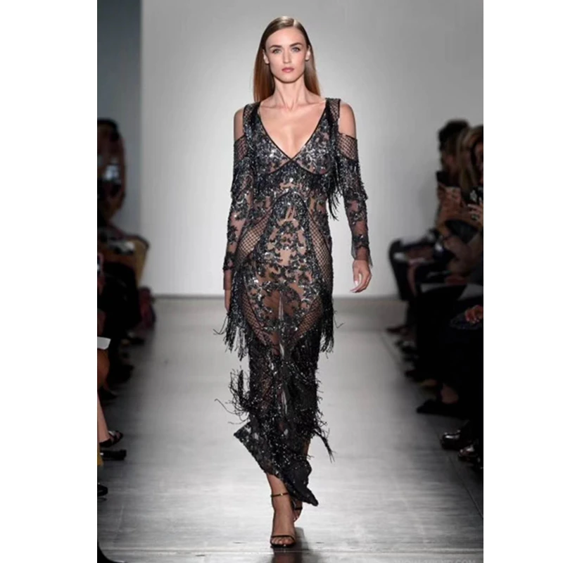 2018 New Women Fashion Dress Long Sleeve Balck Sequin Sexy Mesh Dress Celebrity V Neck Tassel Evening Party Vestidos Long Club
2018 New Women Fashion Dress Long Sleeve Balck Sequin Sexy Mesh Dress Celebrity V Neck Tassel Evening Party Vestidos Long Club
