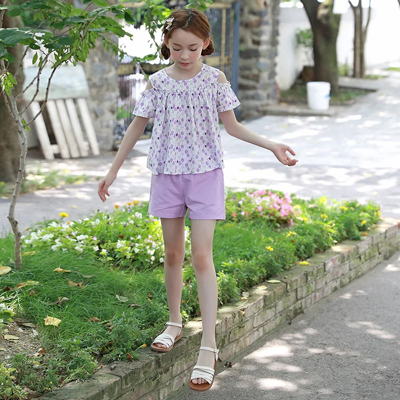 2019 New Girl Summer Clothes Set Purple Printing Pattern Doll Shirt Solid Shorts 2 Piece Set Cute Casual Big Girls Clothes Set
2019 New Girl Summer Clothes Set Purple Printing Pattern Doll Shirt Solid Shorts 2 Piece Set Cute Casual Big Girls Clothes Set