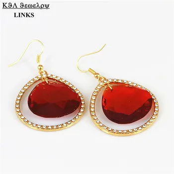 

Red crystal faceted glass beads earring quartz gem stone rhinestone plated fashion pendant earring for women statement jewelry