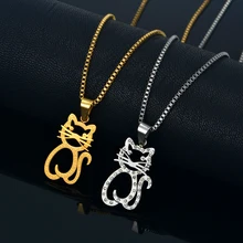 Collar con colgante de Animal para mujer, cadena larga de acero inoxidable Vintage, colgante de gato de Color dorado, collar de mujer, joyería XL848(China)